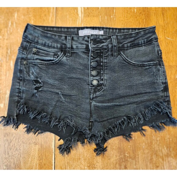 Womens Shorts Size 27 Just USA Button Fly Distressed Hem Black Gray - Picture 1 of 4
